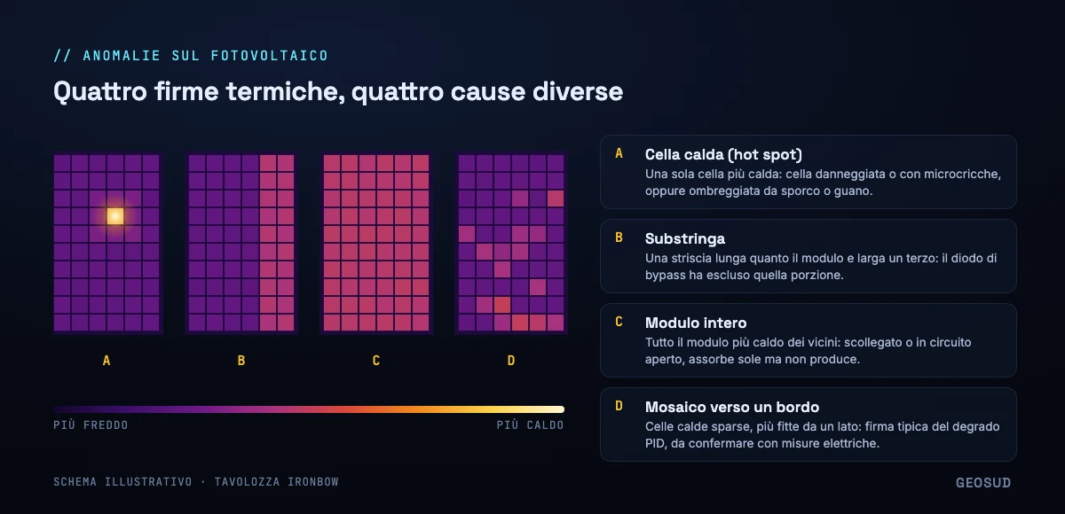 Schema di quattro moduli fotovoltaici in vista termica: una cella calda, una substringa più calda per un terzo del modulo, un modulo intero più caldo e un mosaico di celle calde verso un bordo, con le cause di ciascuna anomalia