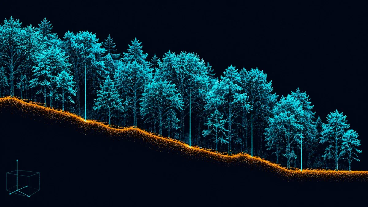 Sezione verticale di una nuvola di punti LiDAR su un versante boscato: in verde i punti di chioma, in arancione i punti classificati a terra che formano il modello digitale del terreno