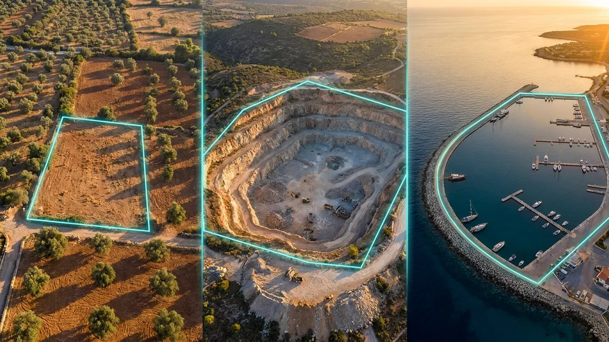 Tre scenari di rilievo a confronto dall'alto: piccolo lotto edificabile, cava di medie dimensioni e grande porto costiero