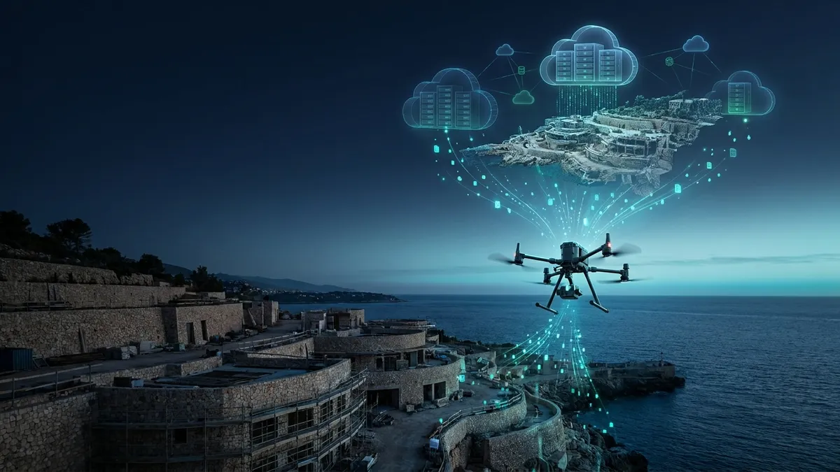 Drone che invia flussi di dati verso server cloud dove viene ricostruito un modello 3D del terreno