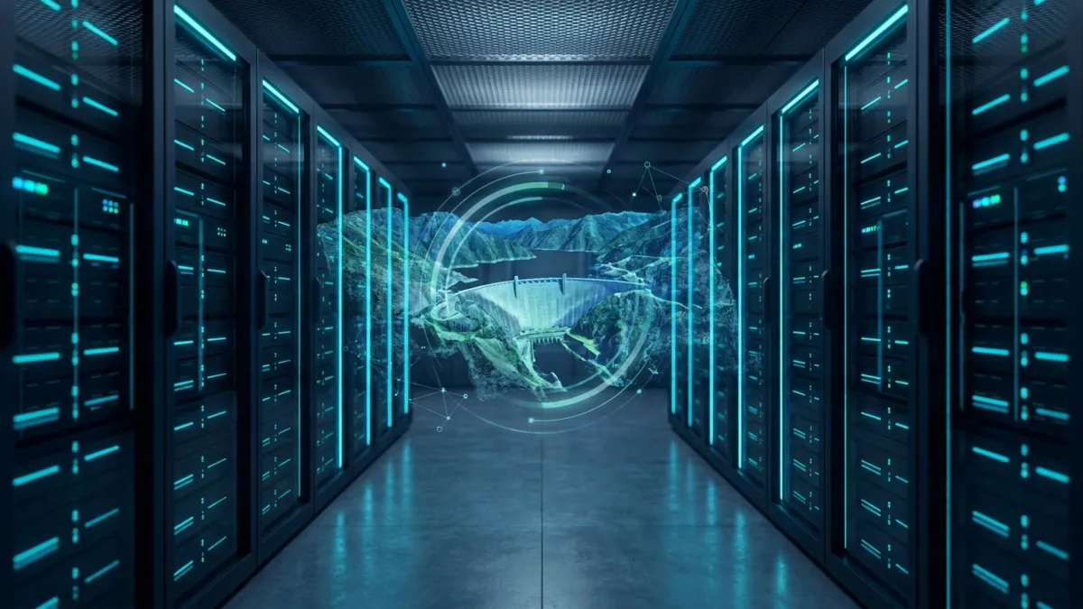 Data center con rack di server GPU e visualizzazione olografica di una nuvola di punti 3D in elaborazione
