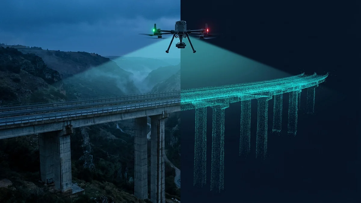 Drone che ispeziona l'intradosso di un viadotto autostradale senza ponteggi