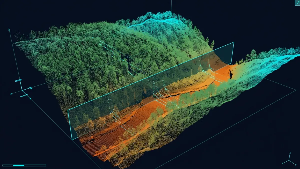 Nuvola di punti LiDAR di un versante boscato: la vegetazione lascia intravedere il terreno sottostante colorato per quota