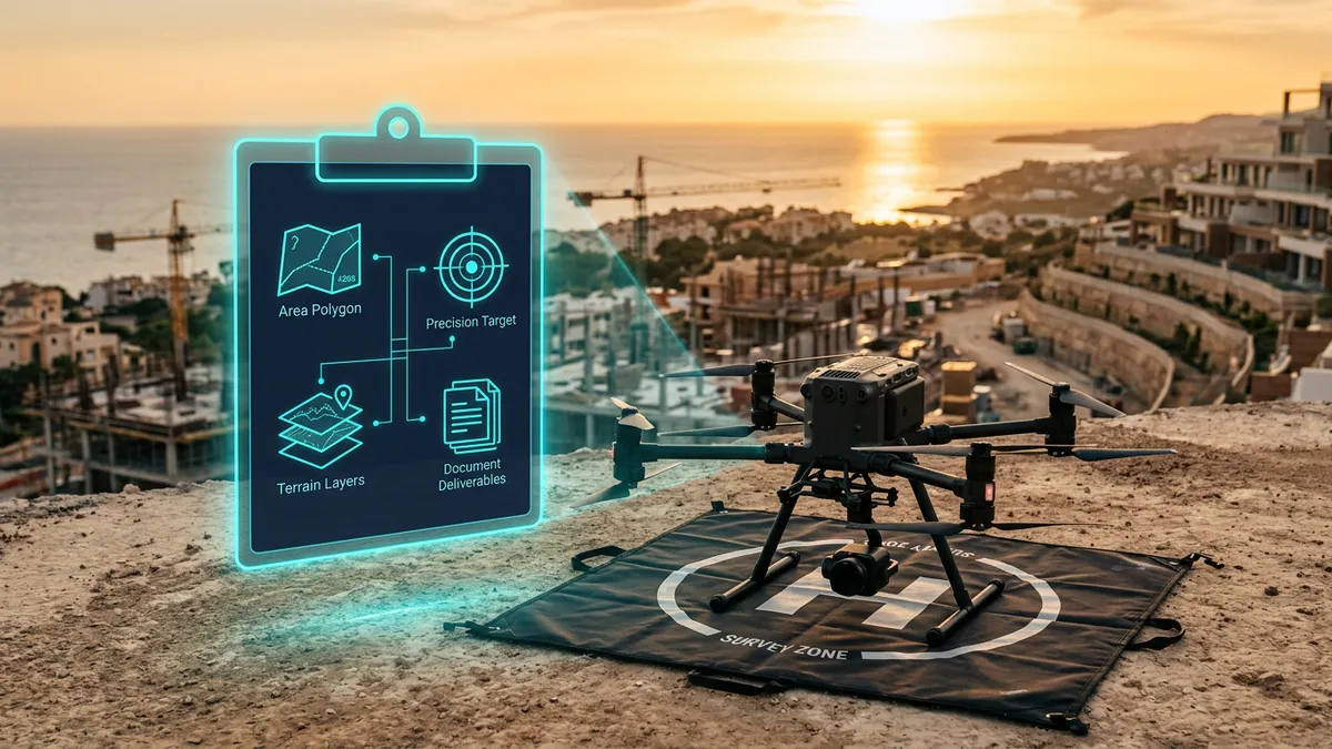 Drone da rilievo con interfaccia olografica che mostra i fattori di costo di un rilievo aereo