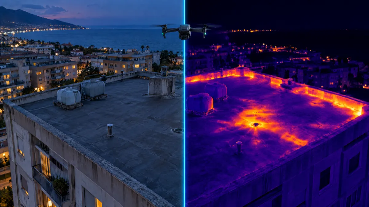 Illustrazione: drone sopra la copertura piana di un condominio al crepuscolo, metà in foto e metà in vista termica, con le zone umide sotto la guaina più calde intorno al bocchettone e lungo un parapetto