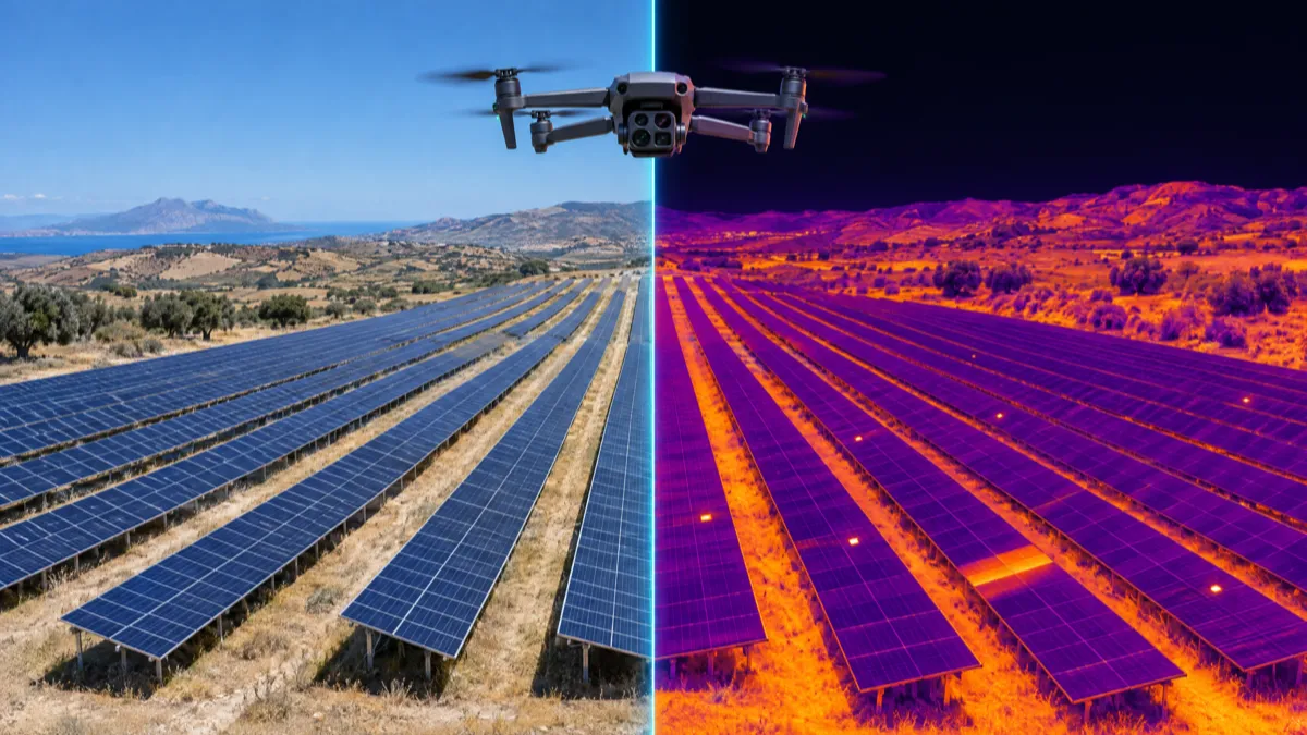 Drone sopra un impianto fotovoltaico nel Sud Italia: a sinistra la foto, a destra la stessa scena vista dalla camera termica, con alcune celle più calde delle altre